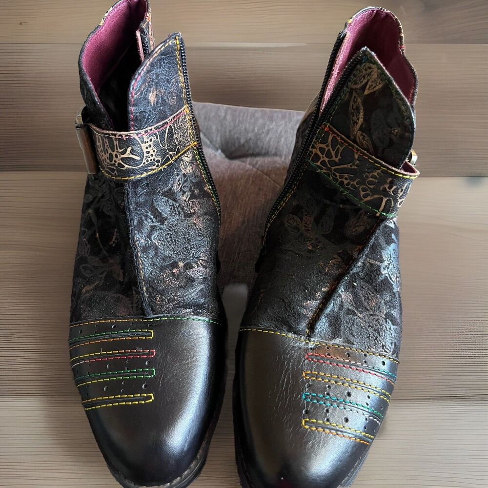 Socofy Leather Ankle Boots US 7 Shoes Tapestry Bohemian Goth Neon Witchy Zip